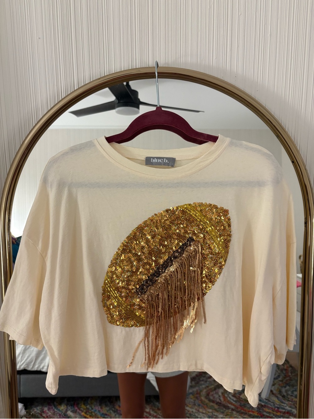 Bluet. Cream Sequin Fringe Cropped Tee